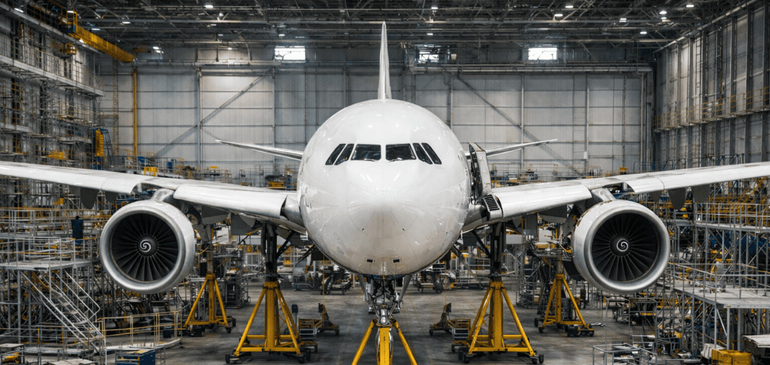 Aircraft in maintenance hangar during technical representation and inspection process